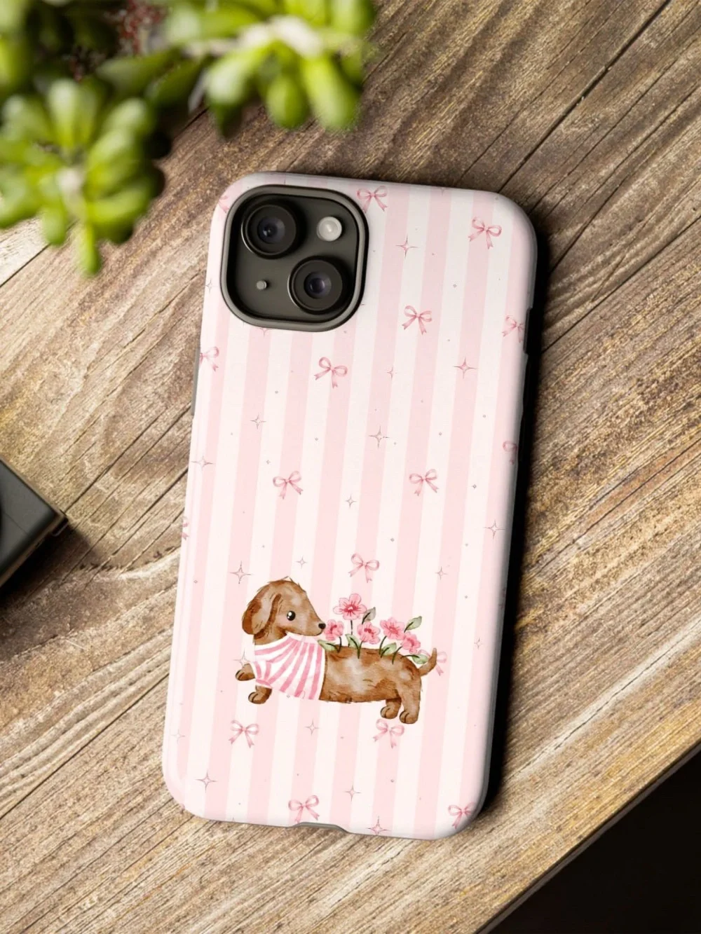 Cute Pink Dog Phone Case - Floral Stripe Design